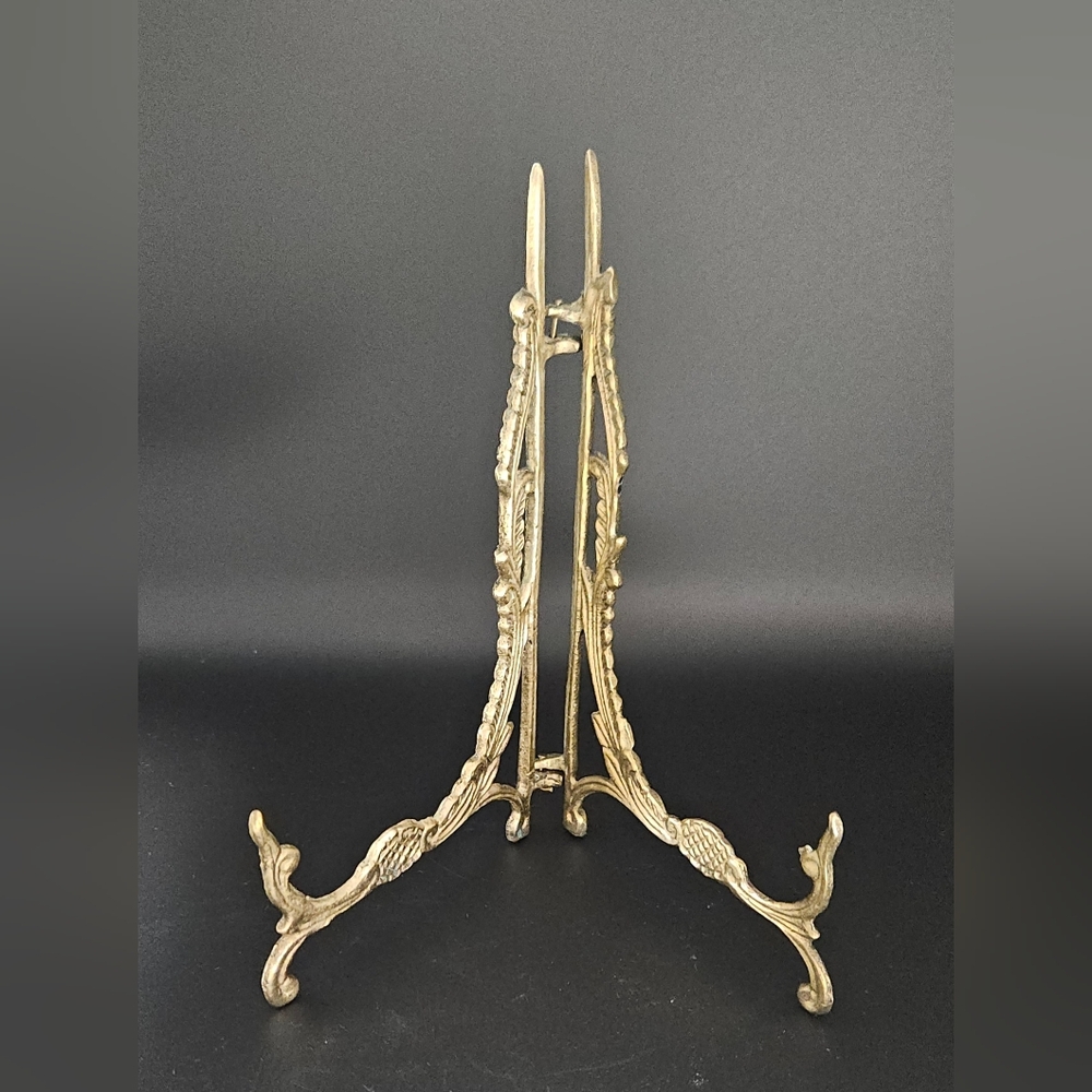 Vintage Solid Brass Folding Easel, Art or Plate Holder, 7' high